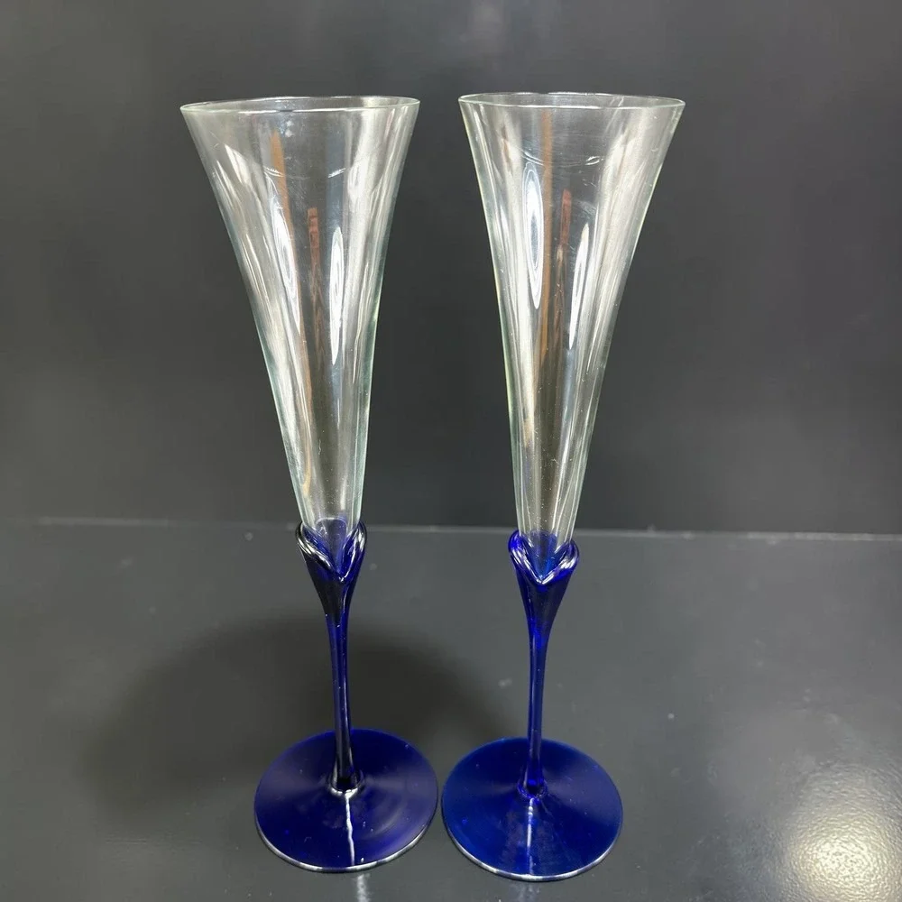 Colony Glass Cobalt Blue Stem Champagne Flutes‎ Set of 2 Glasses 11 Inch Clear